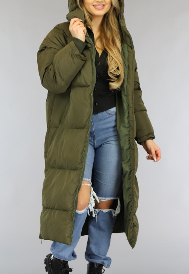 Kaki Gewatteerde Lange Oversized Winterjas