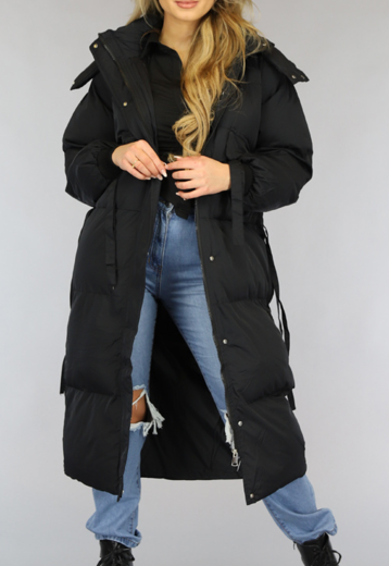 OP=OP! Lange Zwarte Puffer Jas met Strikdetails