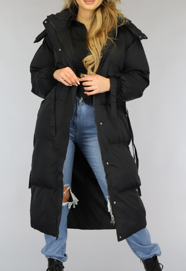 Lange Zwarte Puffer Jas met Strikdetails