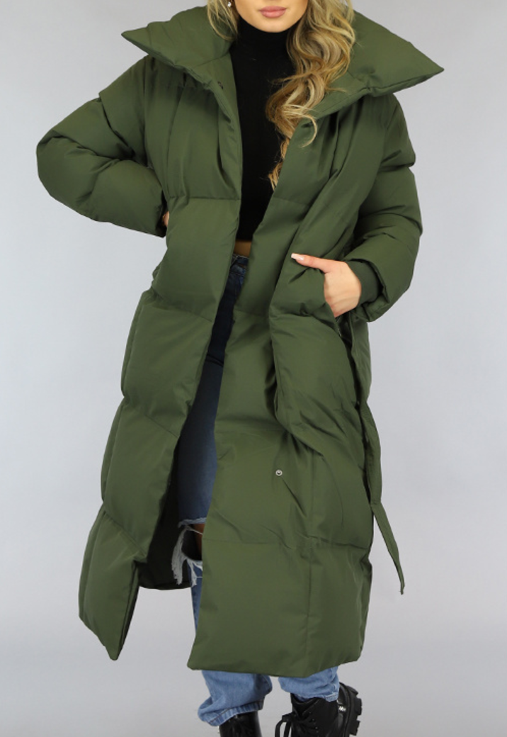 Luxe Groene Oversized Winterjas met Tailleband