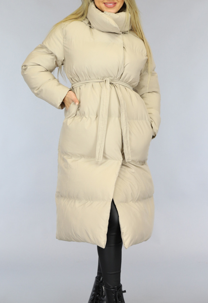 Lange Beige Oversized Winterjas met Tailleband