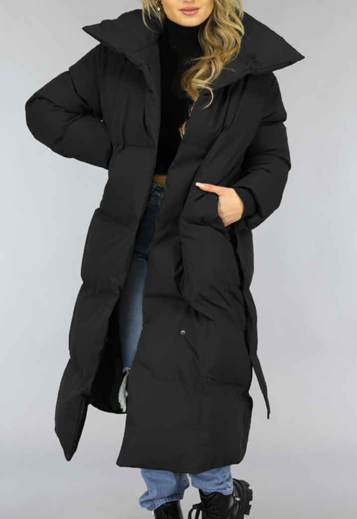 Luxe Zwarte Oversized Winterjas met Tailleband