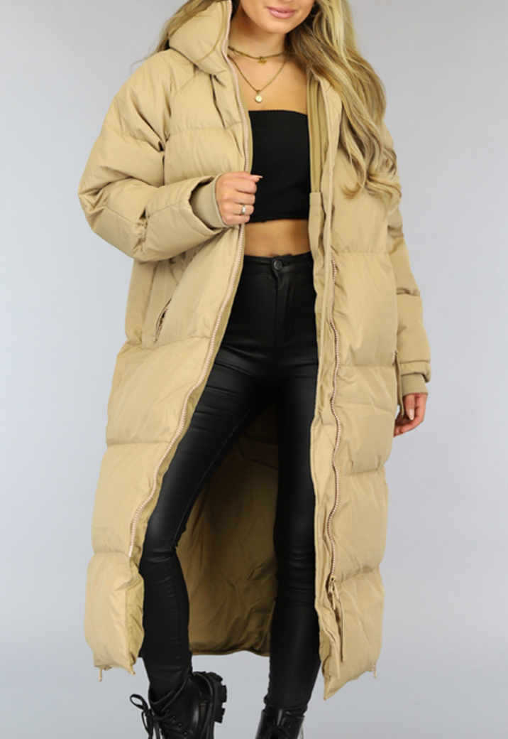 Camel Gewatteerde Lange Oversized Winterjas