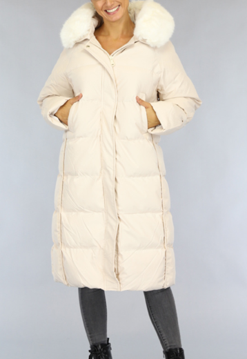 Beige Oversized Gevoerde Lange Winterjas