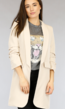 Lange Beige Blazer met Geplooide Mouwen