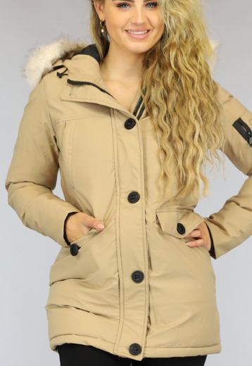 geen Camel Gewatteerde Parka met Beige Imitatiebont