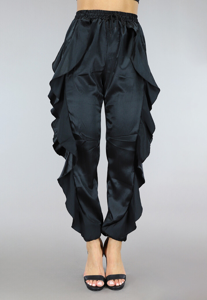 Zwarte Satin Ruffle Broek met Elastische Taille