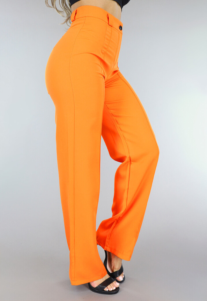 Oranje Aansluitende Wide Leg Pantalon met Biesje