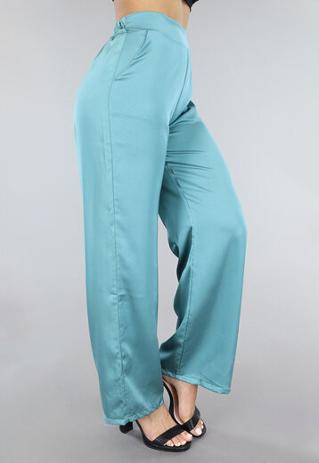 OP=OP.16.AV Turquoise Satijnen Wide Leg Broek