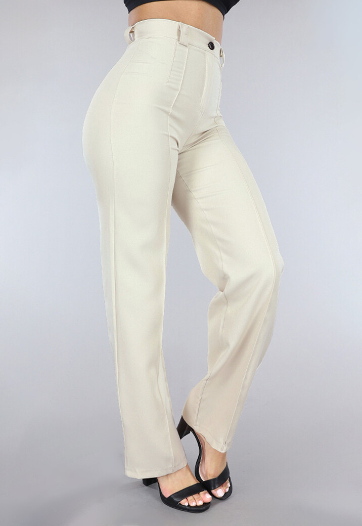 Beige Aansluitende Wide Leg Pantalon met Biesje