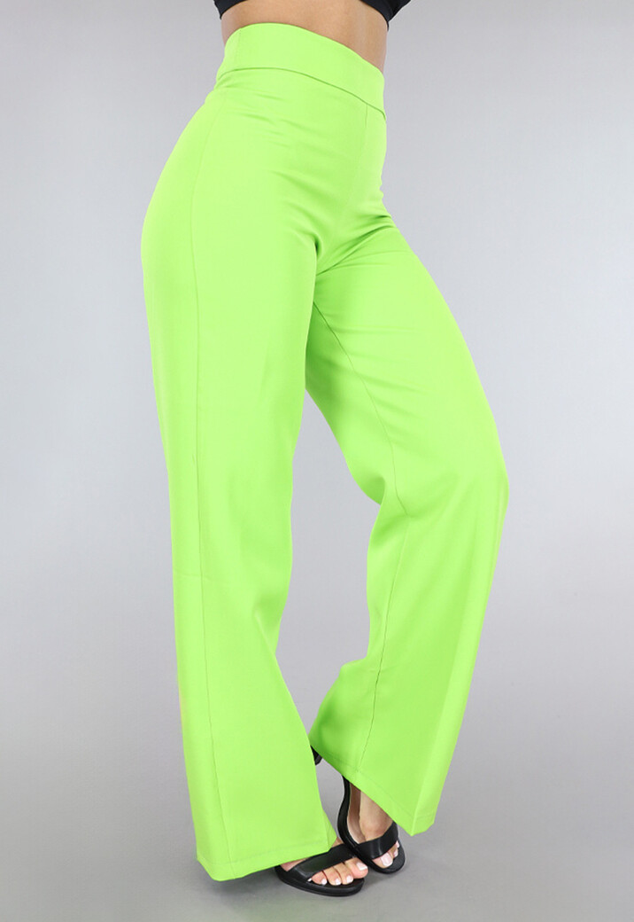 Lime Groene Straight Leg Pantalon met Plooitjes