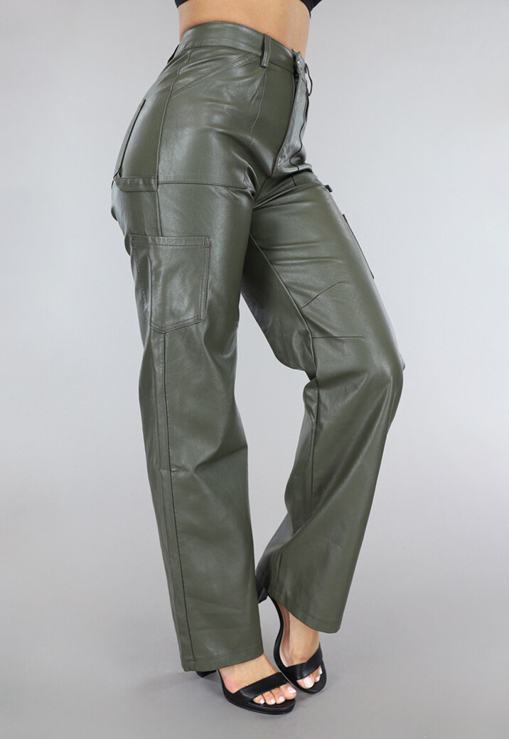 Groene Lederlook Cargo Broek met Rechte Pijpen