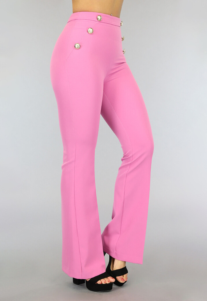 Roze Flared Pantalon met Sierknopen