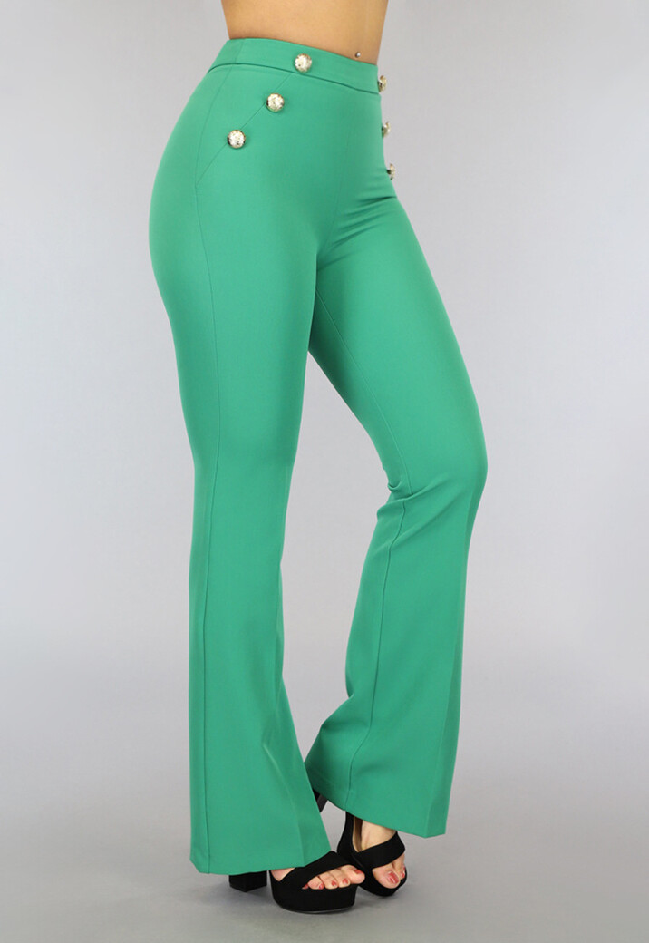 Groene Flared Pantalon met Sierknopen
