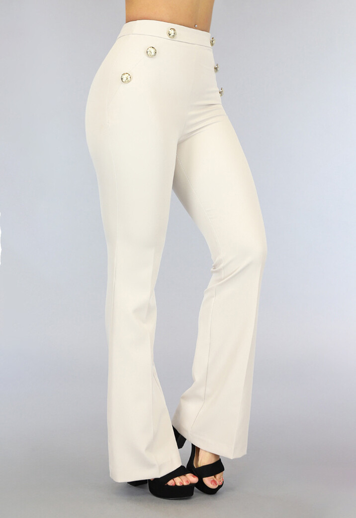 Beige Flared Pantalon met Sierknopen