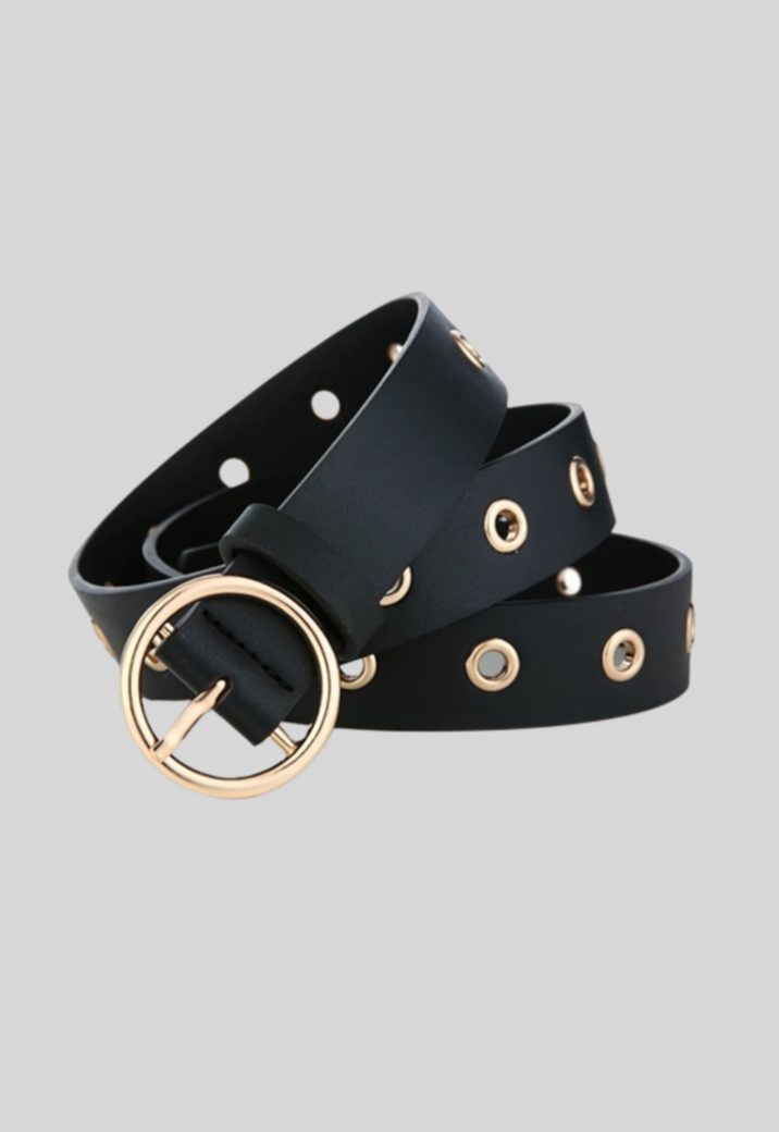 Zwarte Riem met Ronde Gesp en Gouden Detail
