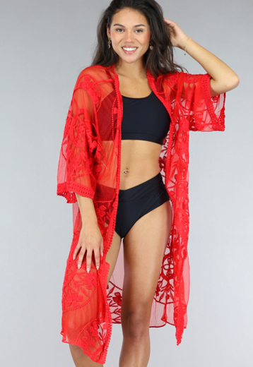 NEW1204 Rode Halflange Kanten Strand Kimono