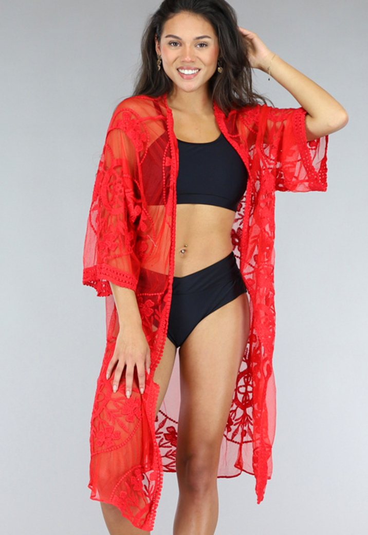 Rode Halflange Kanten Strand Kimono met Kanten Details
