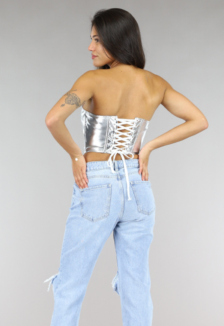 Metallic Zilveren Korset Top met Rijgwerk