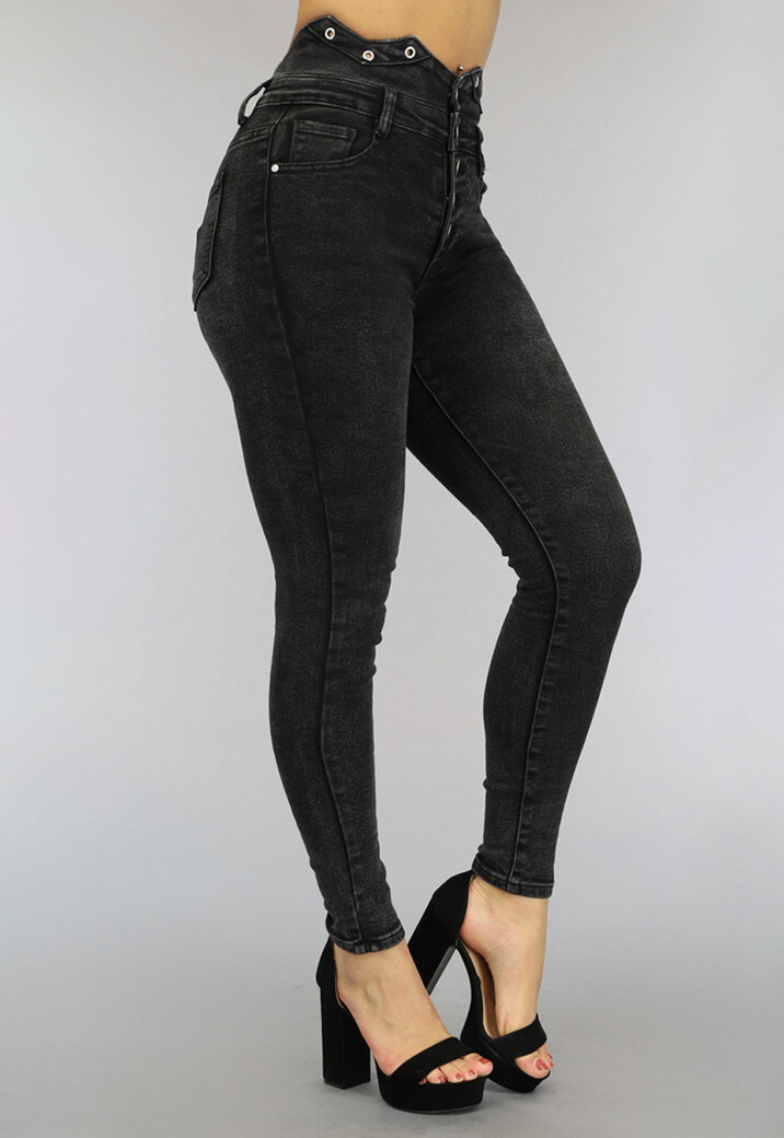 Zwarte Super High Waist Jeans met Zigzag Rand