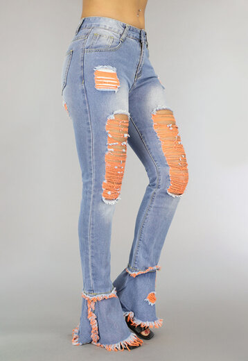 Medium Waist Flair Jeans met Oranje Scheuren