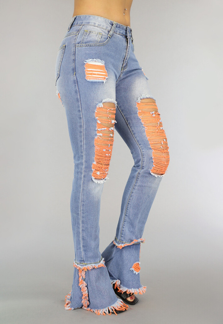 Blauwe Medium Waist Flair Jeans met Oranje Scheuren