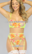 Neon Geel Geschulpt Lingerie Setje met Bloemen