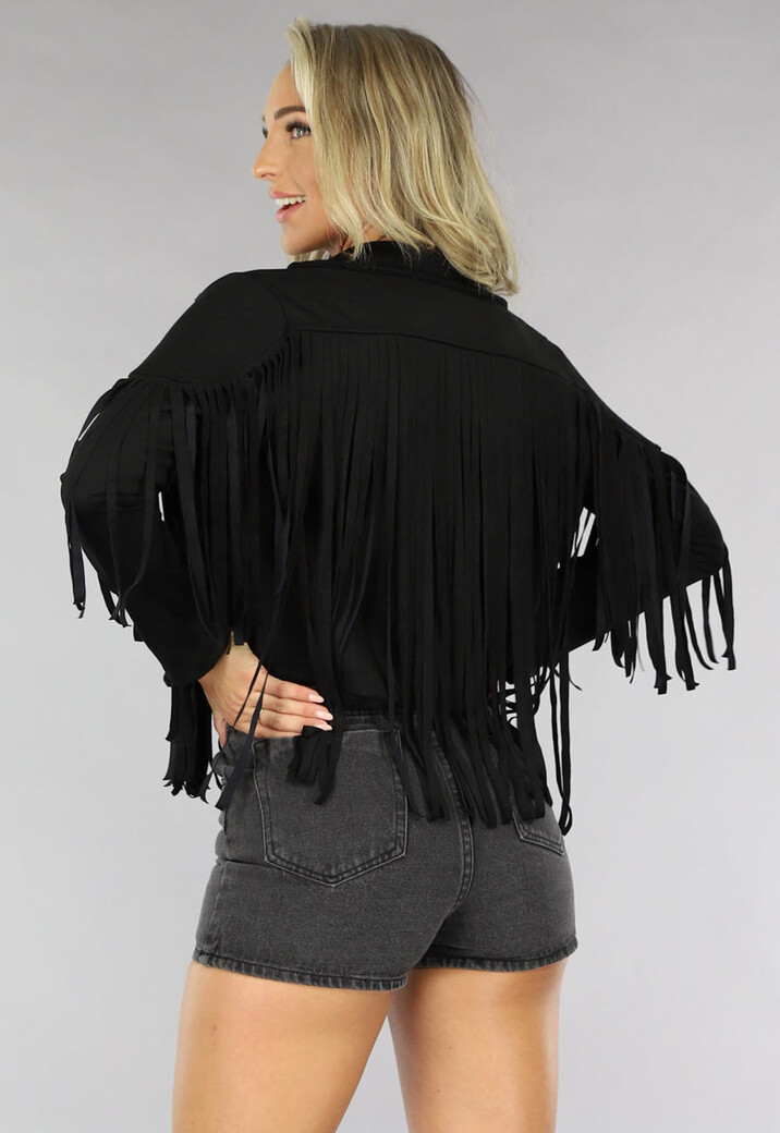 Zwarte Suèdelook Franje Jas