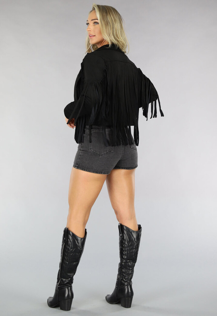 Zwarte Suèdelook Franje Jas