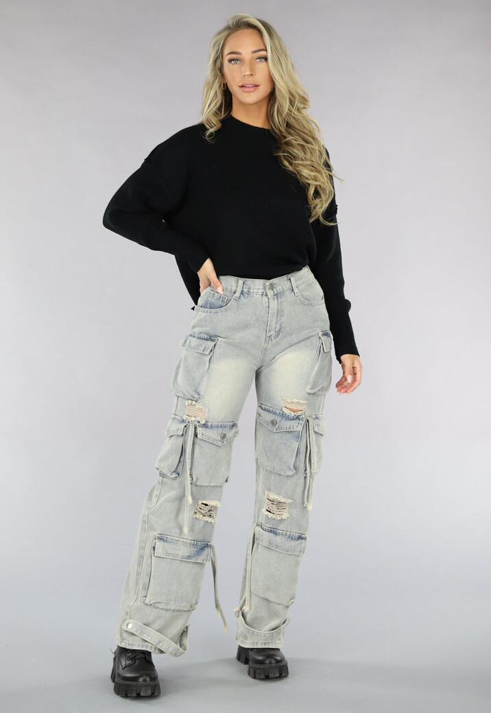 Acid Wash Baggy Ripped Cargo Jeans met Klepzakken