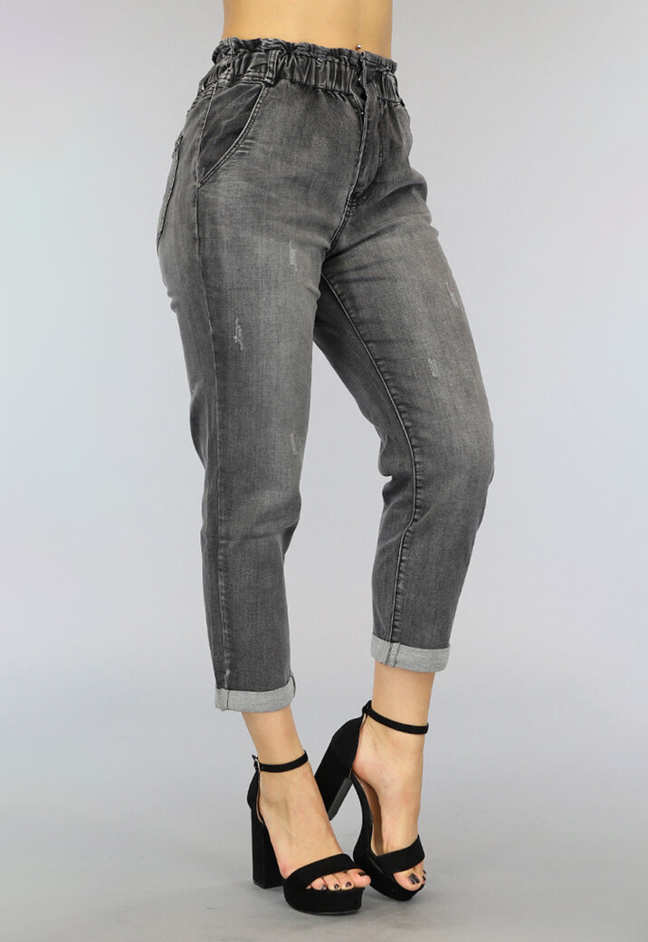 Grijze High Waist Paperbag Jeans met Wassing