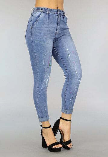 BF2023 Blauwe Stretch Jeans met Verfspetters en Gespdetail