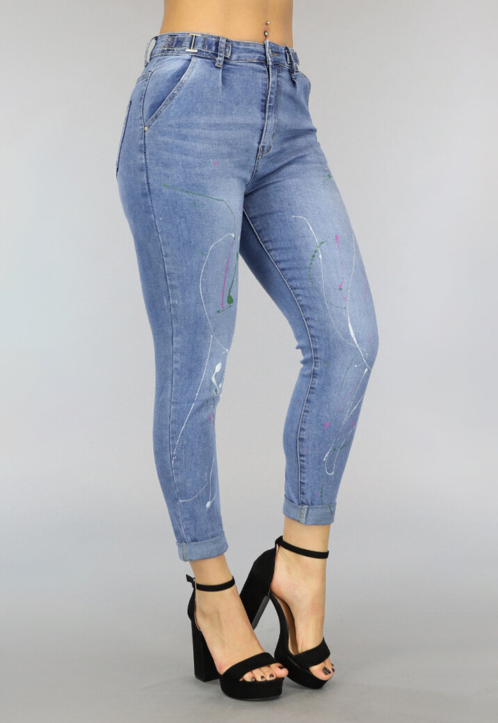 Blauwe Stretch Jeans met Verfspetters en Gespdetail