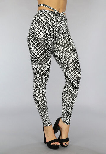 SALE35 Zwarte Legging met Retro Print en Straps