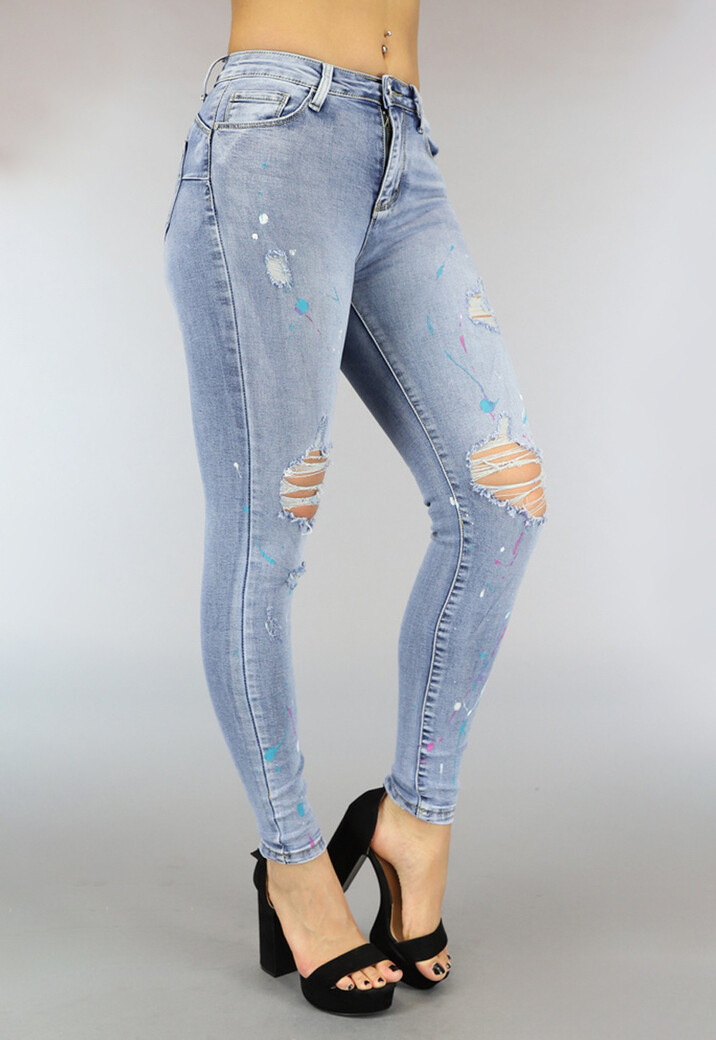 Lichte Skinny Jeans met  Scheuren en Verfspetters