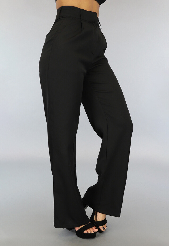 Zwarte Geplooide Wide Leg Pantalon met Geaccentueerde Taille