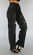 Donkergrijze Washed Straight Leg Jeans met Scheuren