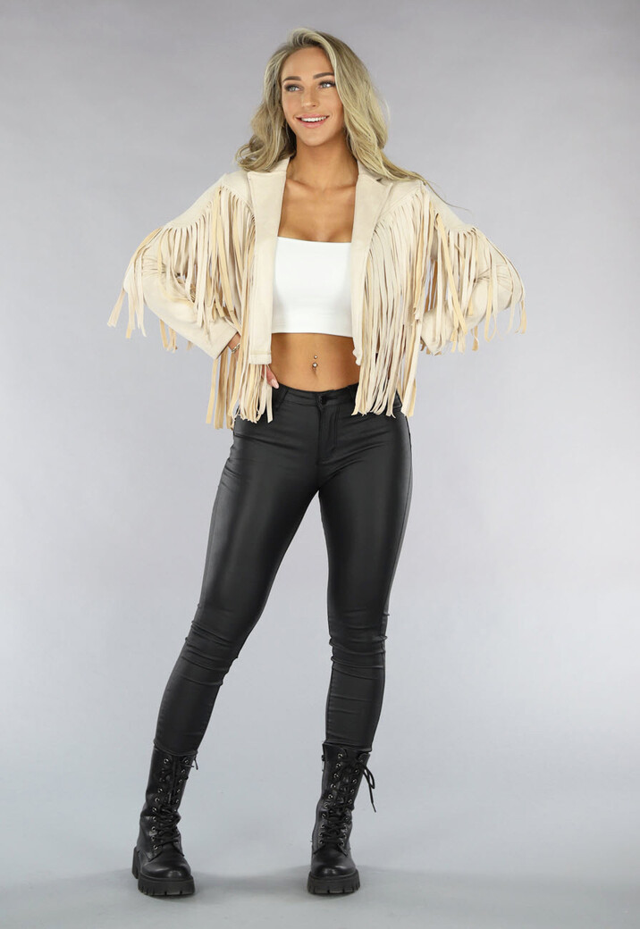 Beige Suèdelook Jas met Fringe Details