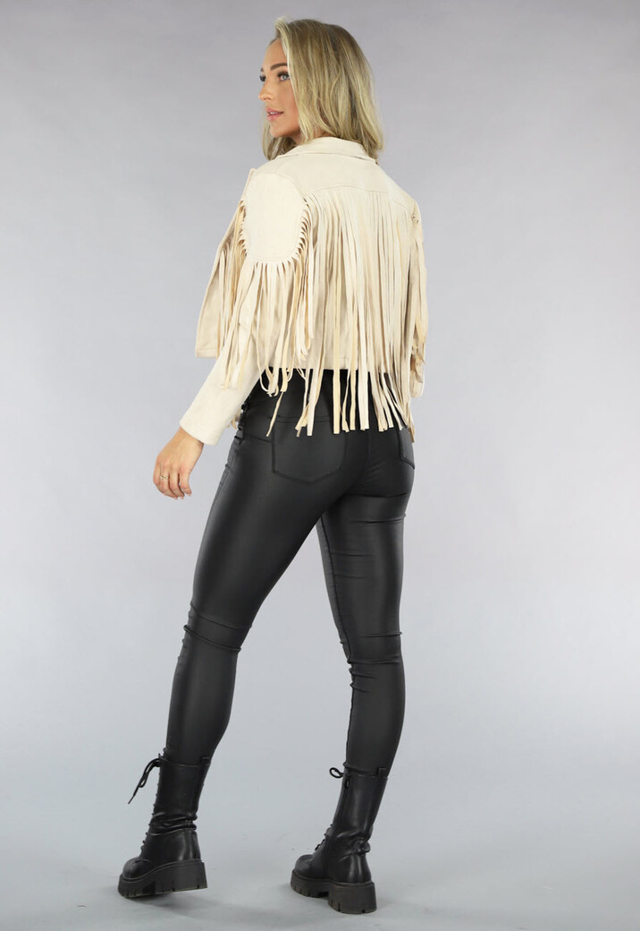 Beige Suèdelook Jas met Fringe Details