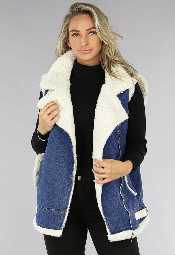 Blauw Denim Gilet met Teddy Voering