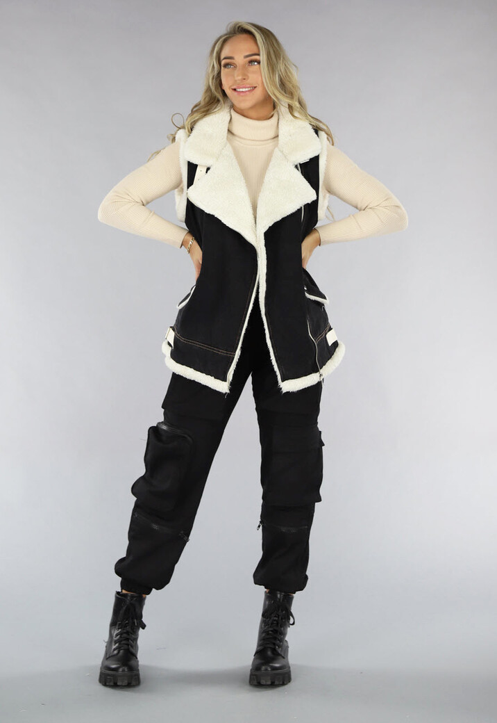 Zwart Denim Gilet met Teddy Voering