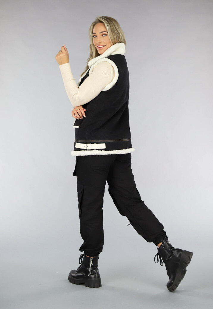 Zwart Denim Gilet met Teddy Voering