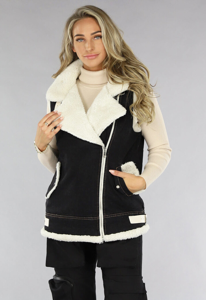 Zwart Denim Gilet met Teddy Voering