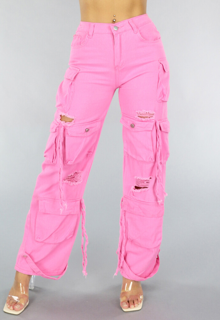 Roze Cargo Jeans met Gaten