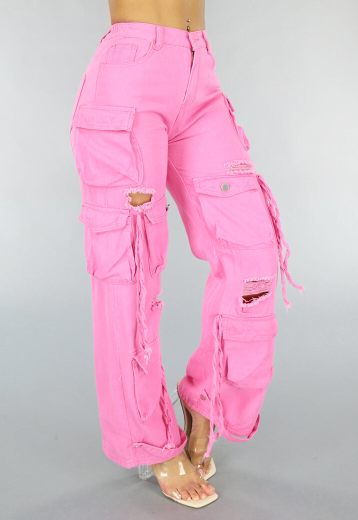 Roze Cargo Jeans met Gaten