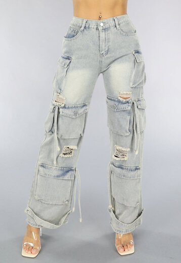 Acid Wash Ripped Cargo Jeans met Klepzakken