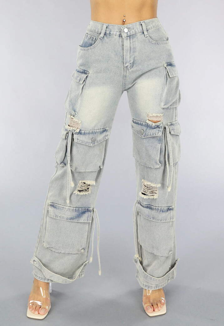 Acid Wash Baggy Ripped Cargo Jeans met Klepzakken