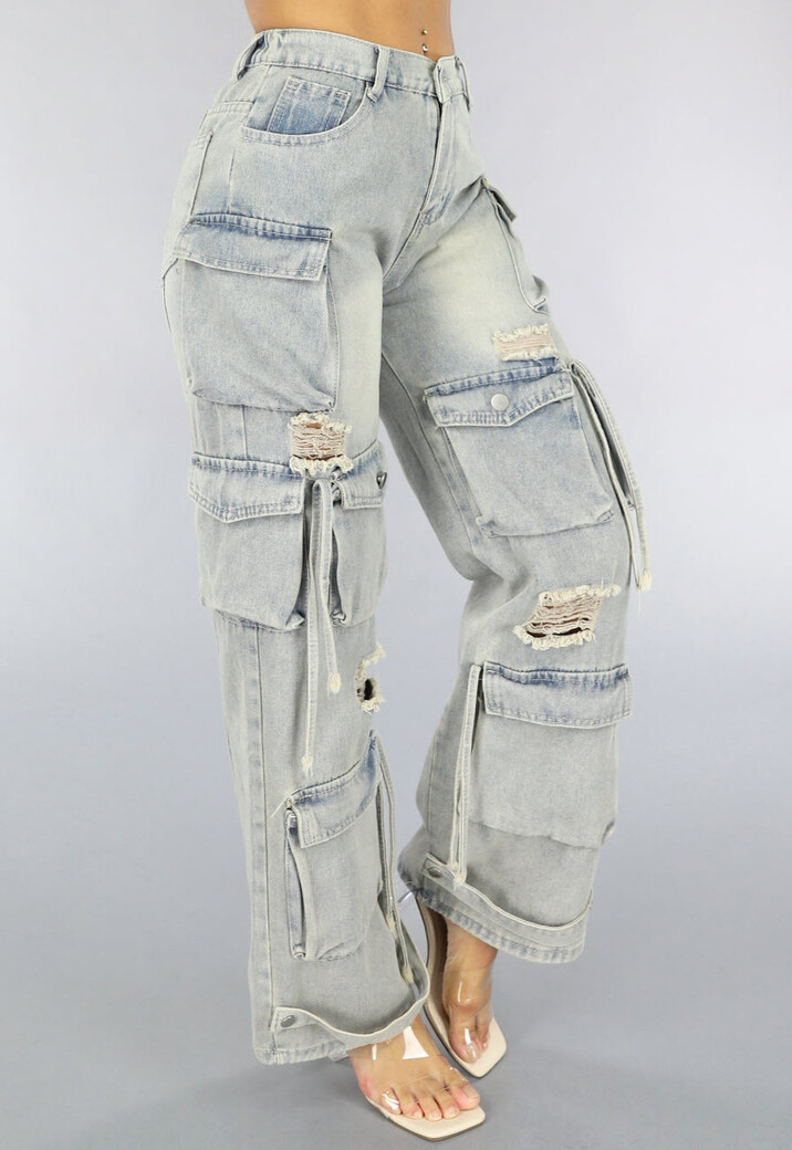 Acid Wash Baggy Ripped Cargo Jeans met Klepzakken