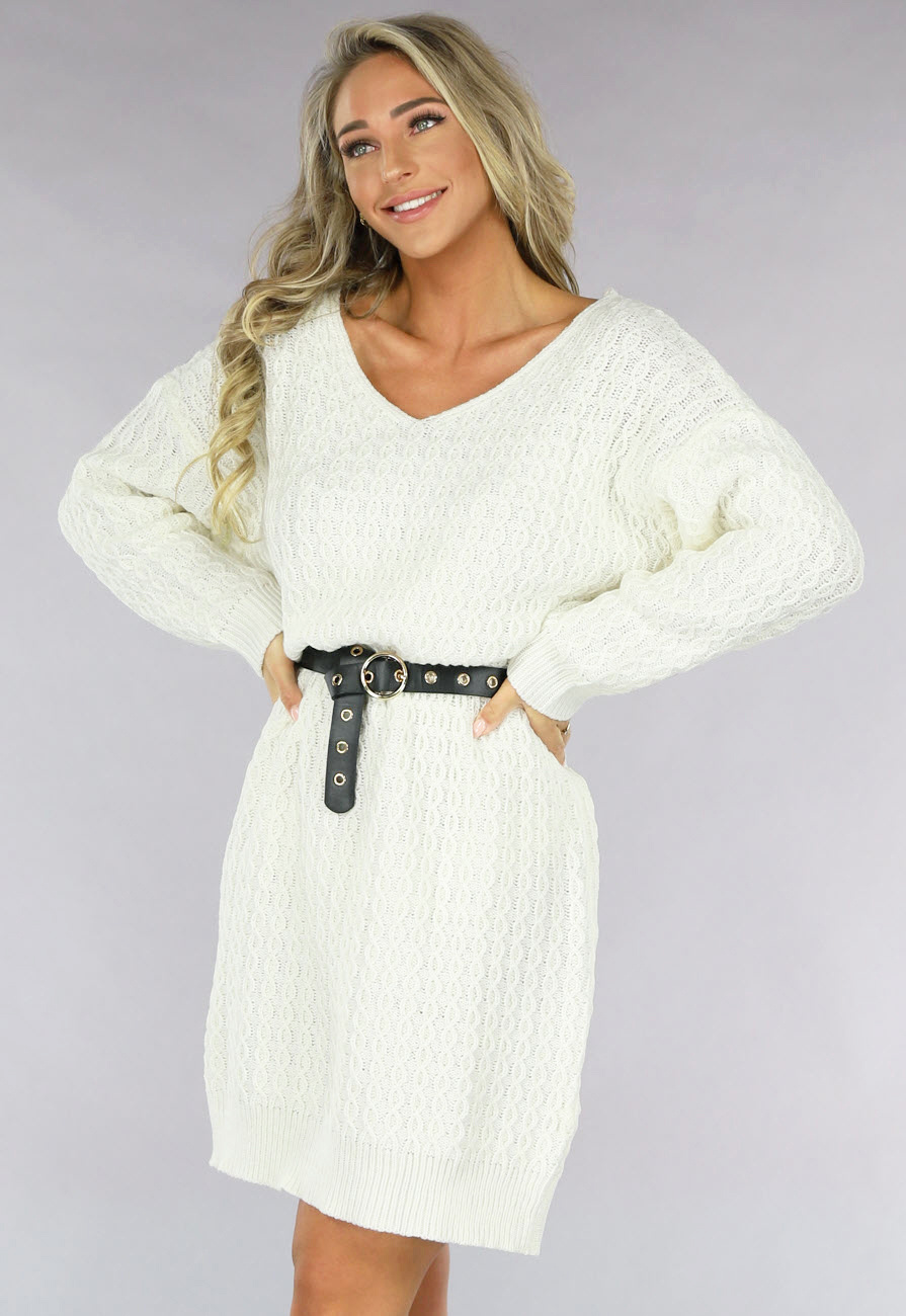 Witte Trui Jurk met V Hals Uwantisell