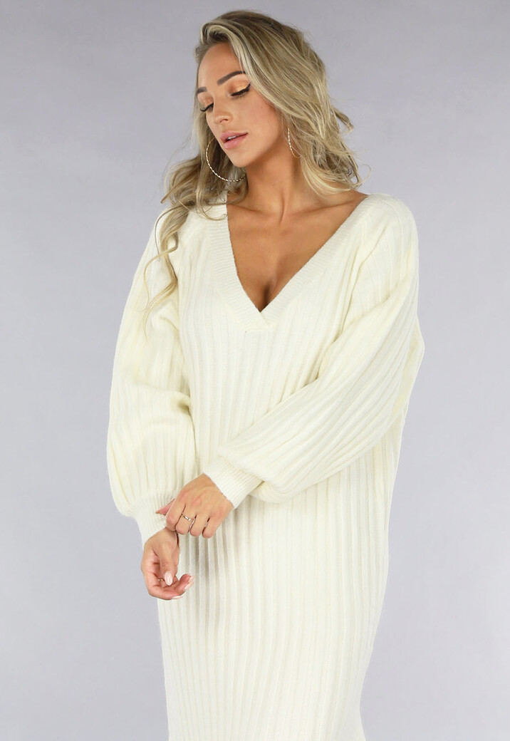 Witte Gebreide Trui Jurk van Ribstof